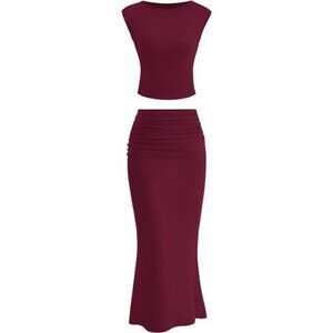Skirt Sets Women 2 Piece Outfits Burgundy